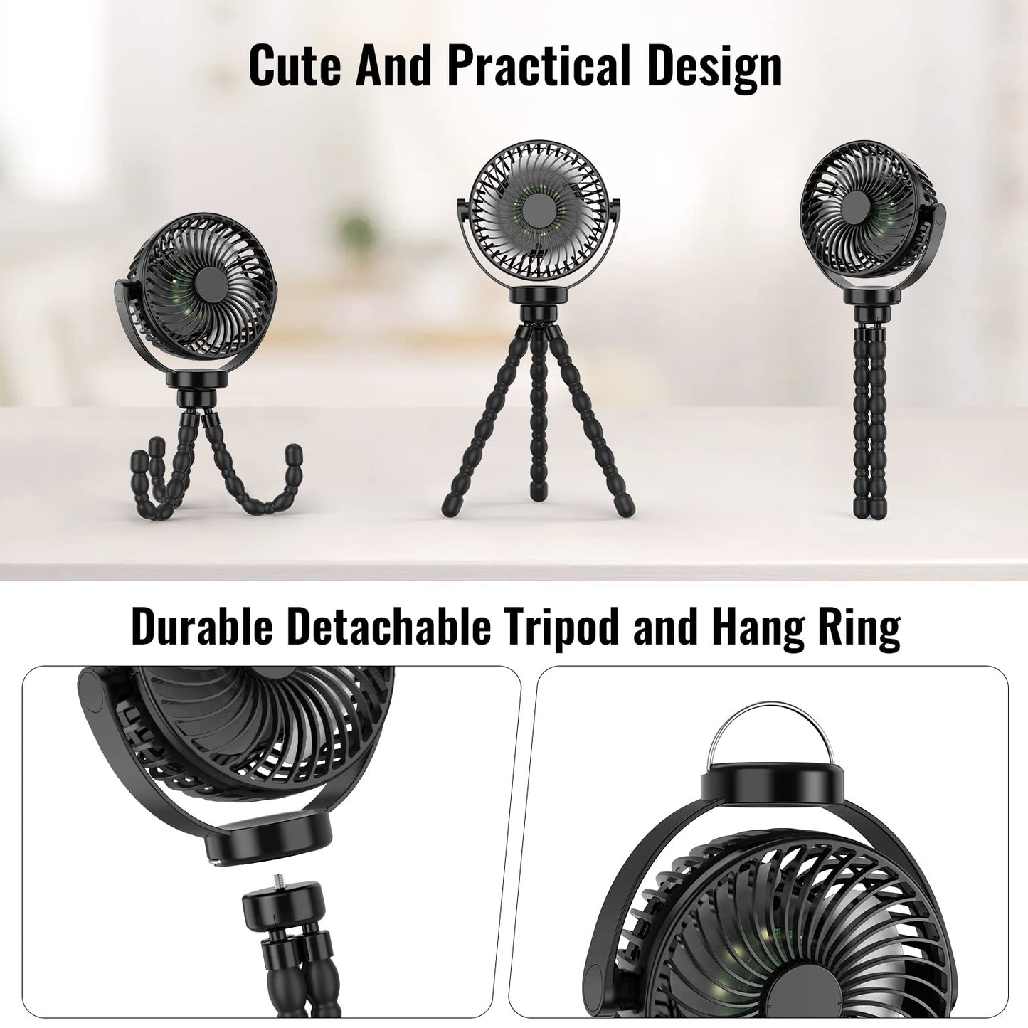 Tragbarer Ventilator mit flexiblem Stativ, schwarz, ideal für Reisen und Outdoor-Aktivitäten.