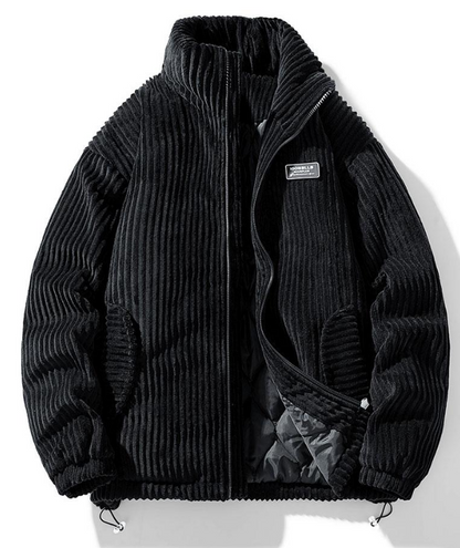 Schwarze Cordjacke mit Reißverschluss, gestepptem Innenfutter, Stehkragen, Herrenmode.