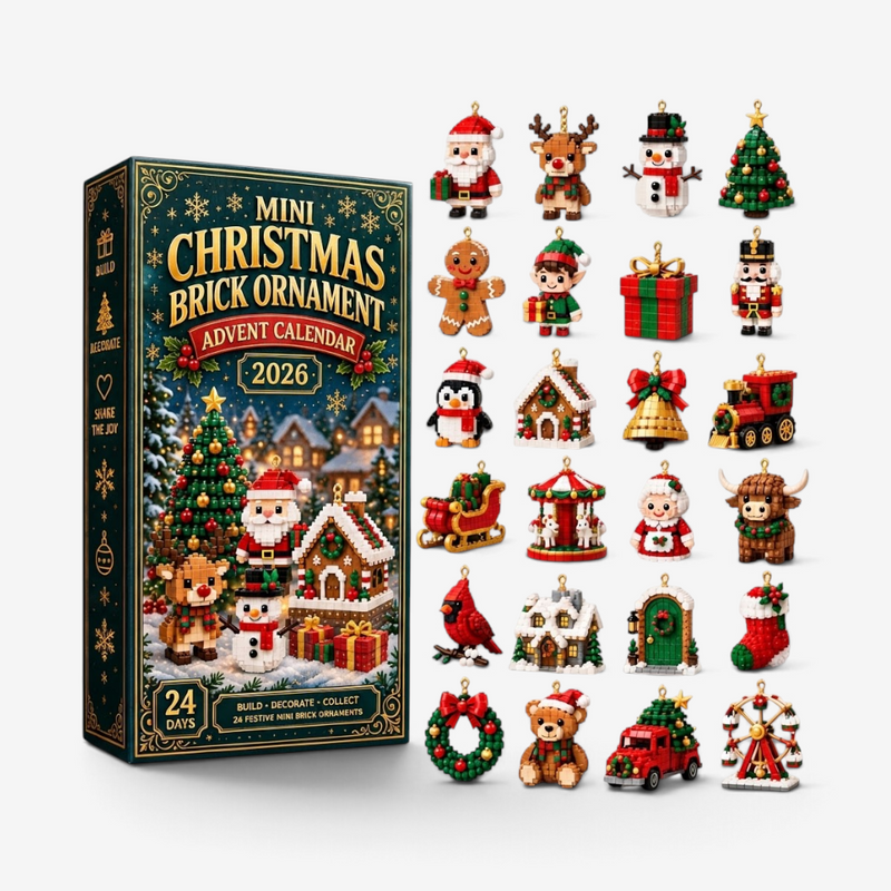 Grön adventskalenderask med julmotiv, framför ett rutnät av alla 24 färdigbyggda klossfigurer mot vit bakgrund. 1