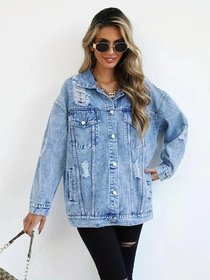 Vattentålig & Fodrad Oversized Dam Jeansjacka med Huva – Höstunderverk Talia