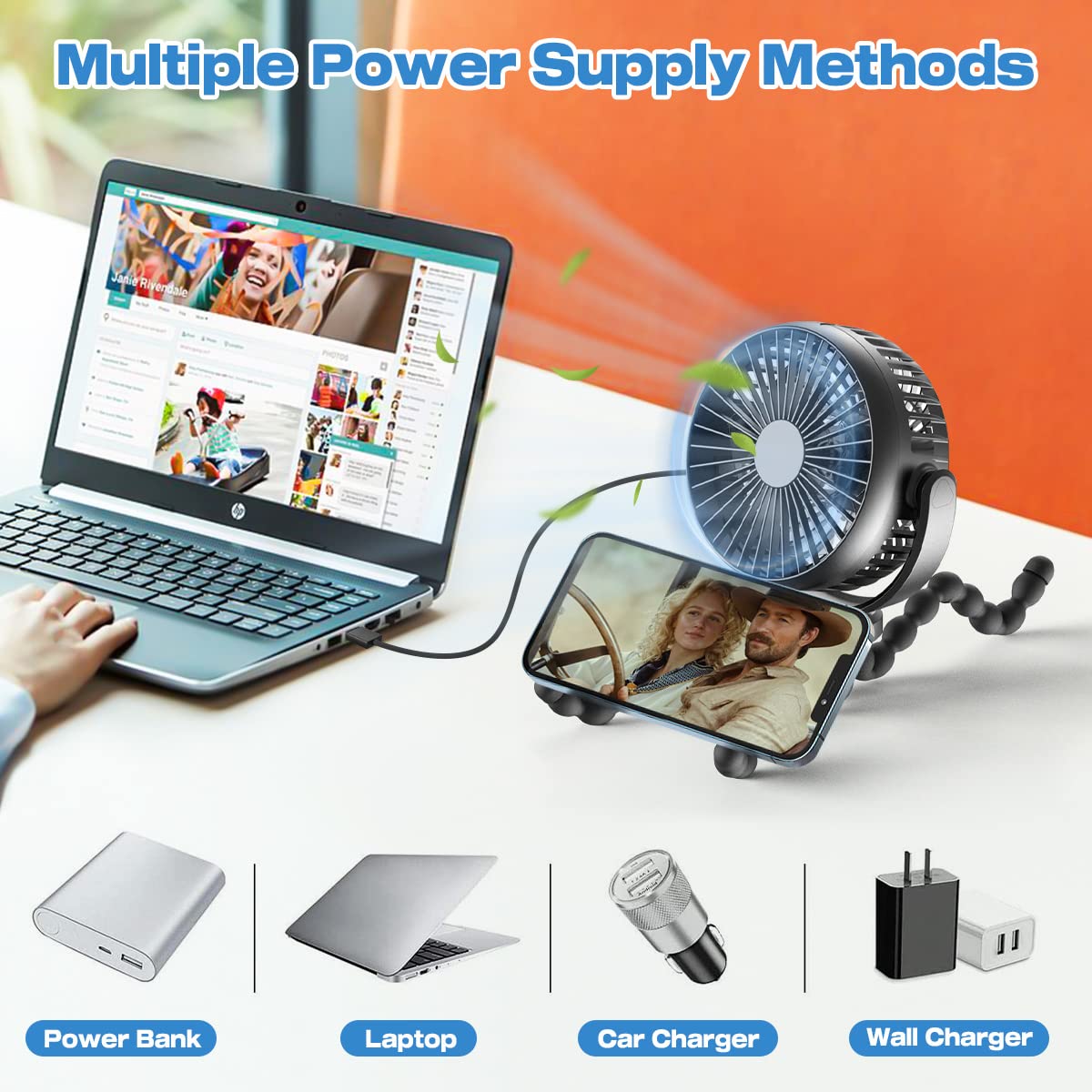 Tragbarer USB-Ventilator mit flexiblem Ständer, kompatibel mit Laptop, Powerbank, Auto- und Wandladegerät.