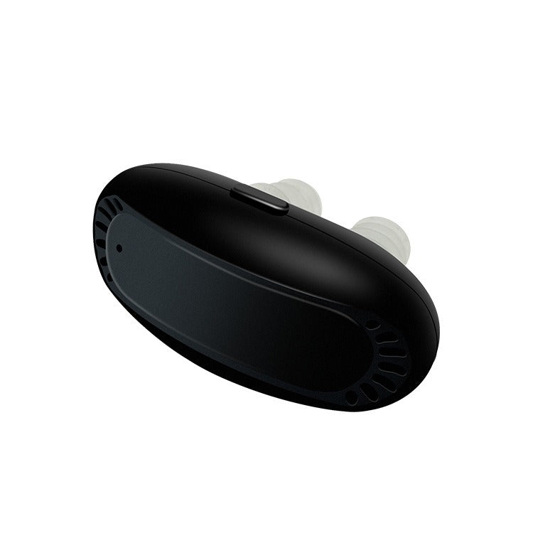 Schwarze kabellose Bluetooth-Ohrhörer, ergonomisches Design, kompakt, tragbar.