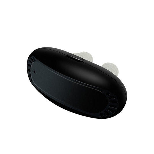 Schwarze kabellose Bluetooth-Ohrhörer, ergonomisches Design, kompakt, tragbar.