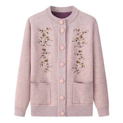 Damen Strickjacke rosa, bestickt, Knöpfe, Taschen, Baumwolle, elegant, Herbstmode.