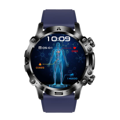 Smartwatch mit blauem Armband, Edelstahlgehäuse, Gesundheitsüberwachung, digitalem Display.