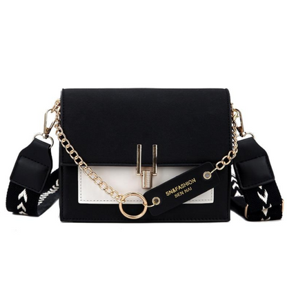 Schwarze Umhängetasche Damen, Leder, Kettendetail, verstellbarer Riemen, modisch, elegant.
