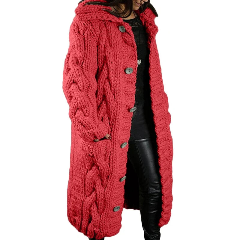 Roter Strickmantel Damen, grob gestrickt, mit Kapuze, Knöpfen, Wintermode, warm.