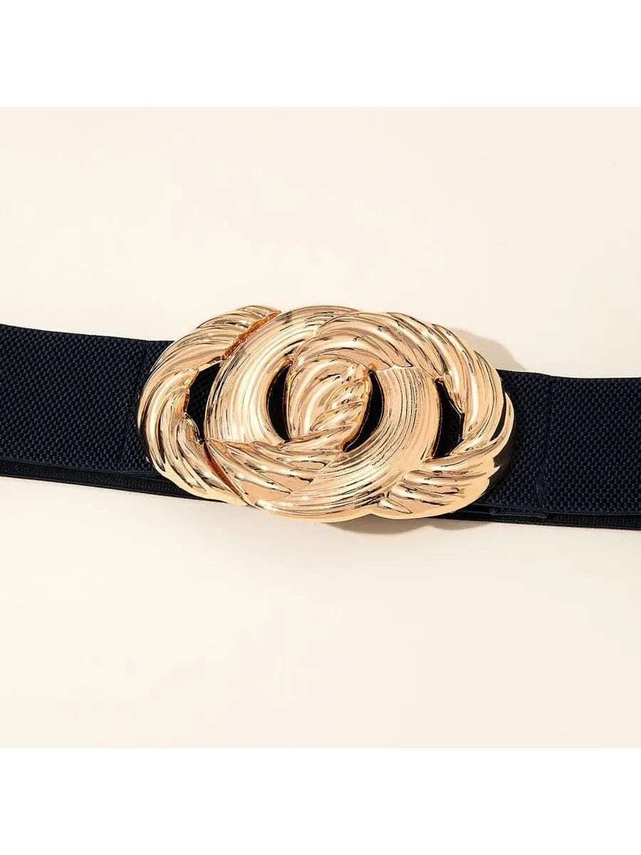 Schwarzer Gürtel mit goldener, geflochtener Schnalle, modisches Accessoire für Damen.