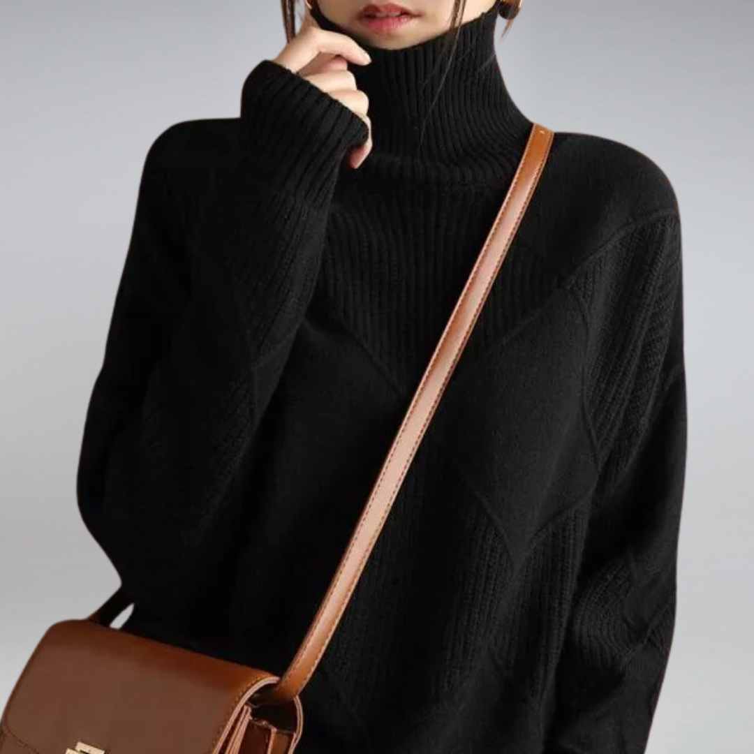Frau in schwarzem Rollkragenpullover mit brauner Ledertasche, modisch, elegant, Herbstmode.