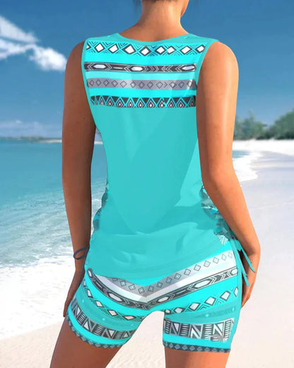 Trendig badmode med V-ringning och geometriskt mönster – Tankini-set Madonna