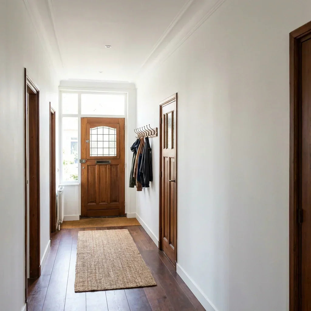Ljus hall med vita väggar, trädörrar, jutematta och kappor på en hängare 7