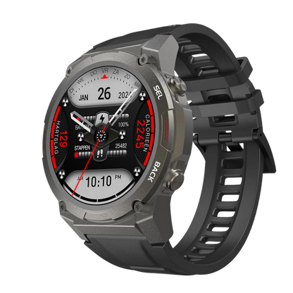Silberne Smartwatch mit rundem Zifferblatt, Fitness-Tracker, schwarzes Armband, digital, modern.