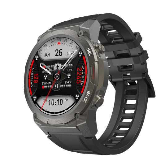 Silberne Smartwatch mit rundem Zifferblatt, Fitness-Tracker, schwarzes Armband, digital, modern.