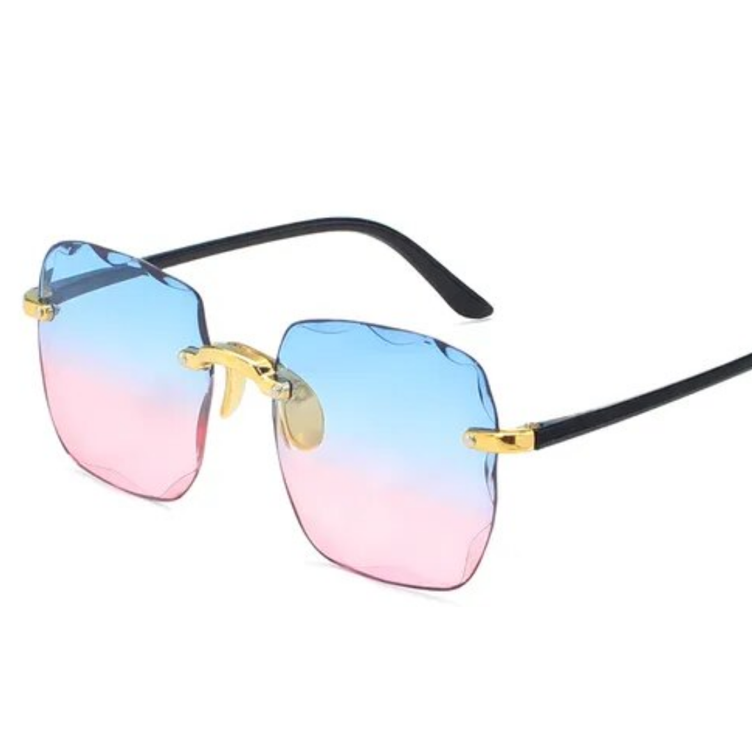 Quadratische Sonnenbrille, blau-rosa Verlaufsgläser, goldene Details, modisch, Unisex.