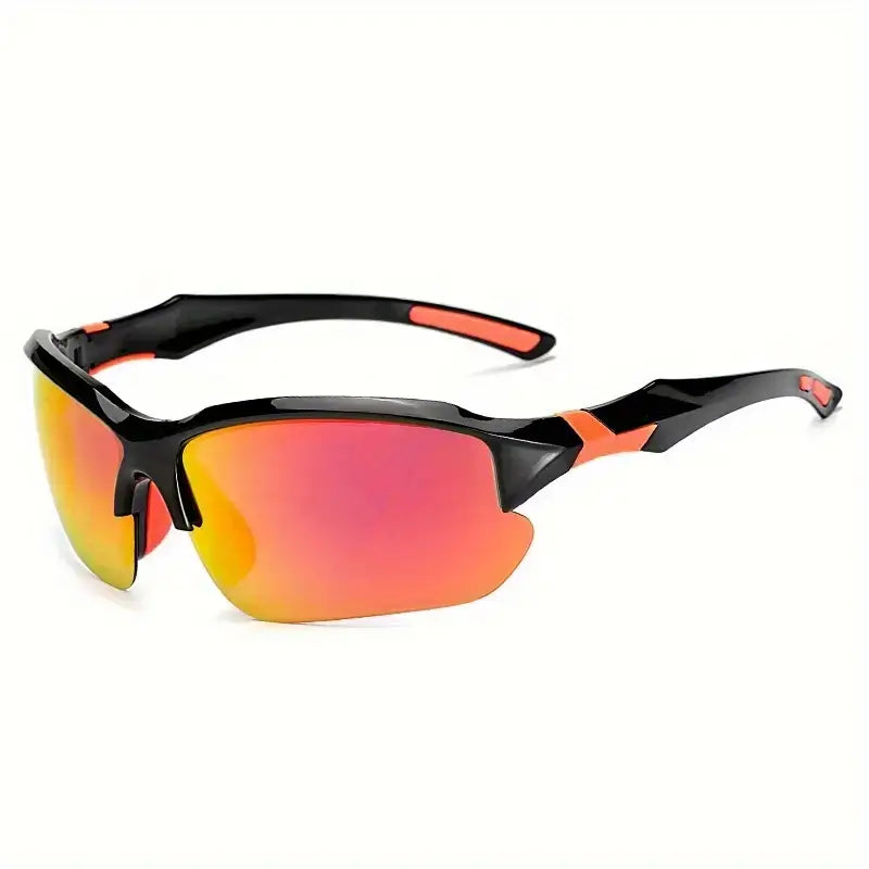 Schwarze Sportsonnenbrille mit orange-roten verspiegelten Gläsern, ideal für Outdoor-Aktivitäten.