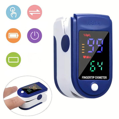 Blau-weißes Fingerpulsoximeter mit digitalem Display zur Messung von Sauerstoffsättigung und Puls.