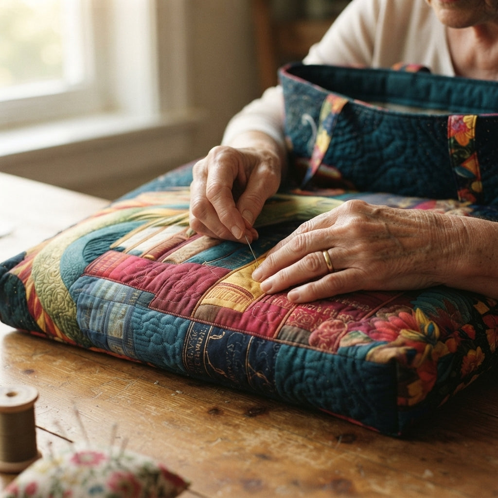 Närbild på äldre händer som syr för hand på den quiltade väskan, med färgglada tygbitar, nål och trådrulle på ett träbord. 3