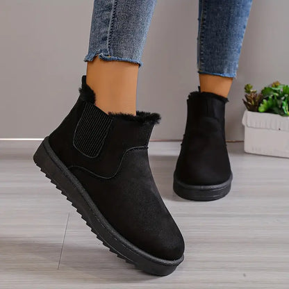 Schwarze Damen-Winterstiefel aus Wildleder, gefüttert, rutschfeste Sohle, modisch und warm.
