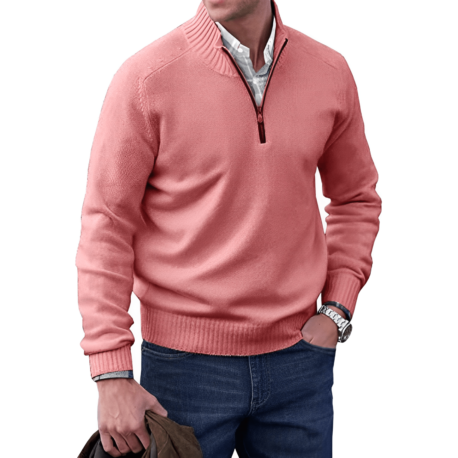 Mann in rosa Pullover mit Reißverschluss, blaue Jeans, weißes Hemd, modisch, Freizeitkleidung.