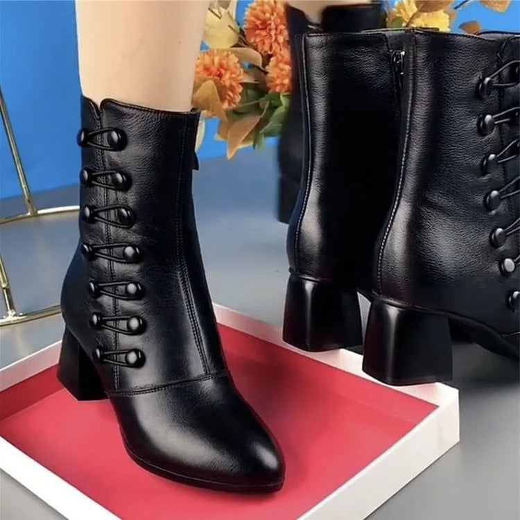 Schwarze Damenstiefeletten aus Leder mit Blockabsatz, Schnürung, elegant, modisch.