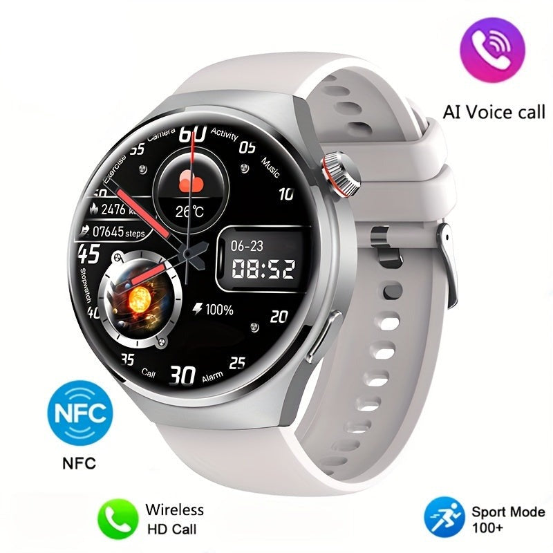 Silberne Smartwatch mit rundem Display, NFC, AI-Sprachsteuerung, kabellosem HD-Anruf, Sportmodi.