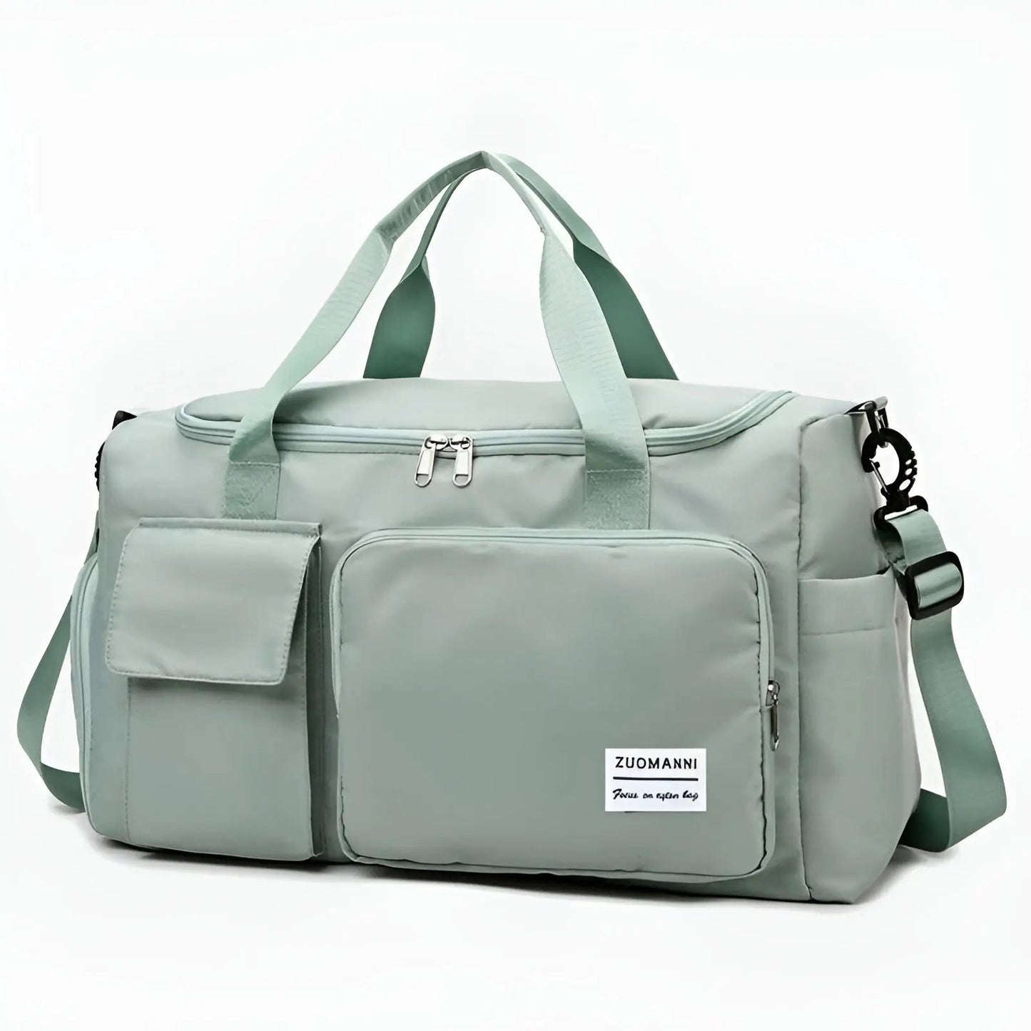 Hellgrüne Reisetasche mit Schultergurt, Fronttaschen, Reißverschluss, ideal für Reisen.