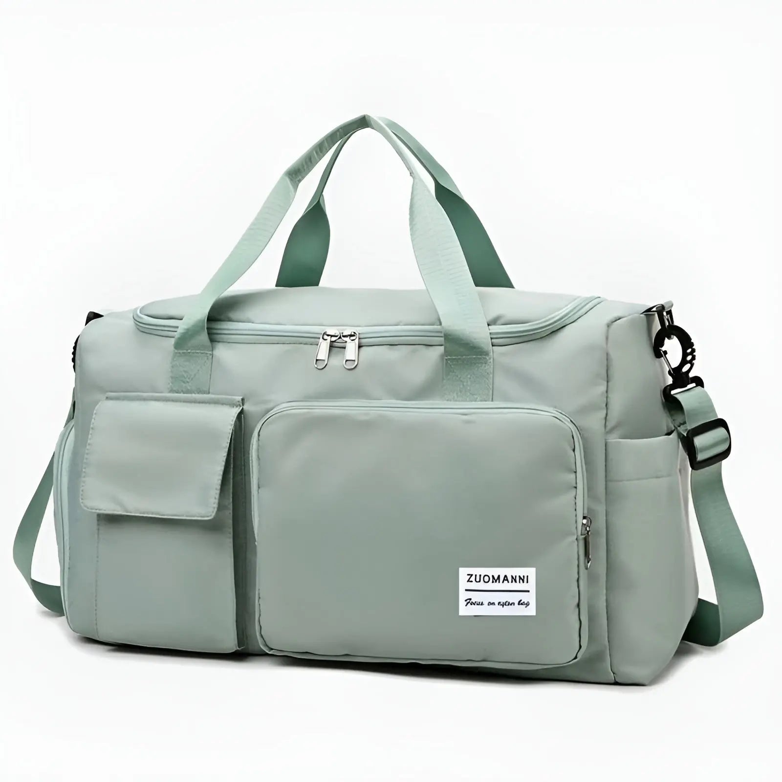 Hellgrüne Reisetasche mit Schultergurt, Fronttaschen, Reißverschluss, ideal für Reisen.