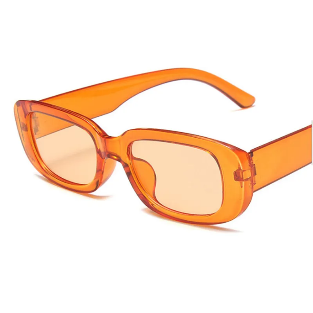 Orangefarbene, rechteckige Sonnenbrille aus Kunststoff, modisch, UV-Schutz, Unisex-Design.
