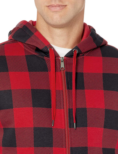 Roter karierten Kapuzenpullover für Herren, Reißverschluss, Baumwolle, Freizeitmode.