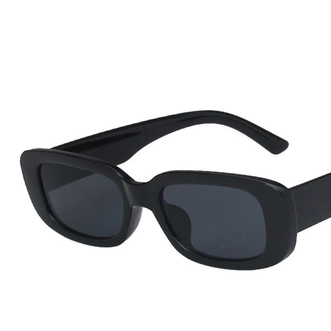 Schwarze rechteckige Sonnenbrille, UV-Schutz, modisches Accessoire, Unisex-Design.