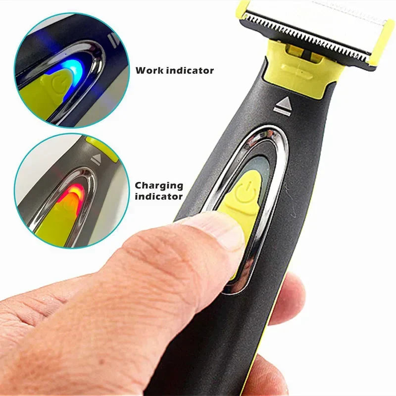 Elektrischer Rasierer mit LED-Anzeigen, schwarz-gelb, ergonomisches Design, kabellos.