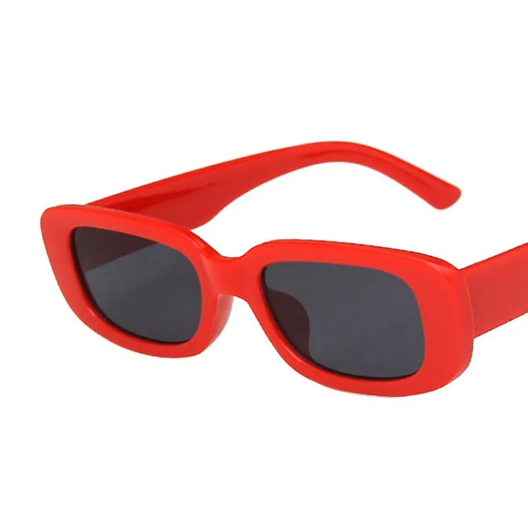Rote rechteckige Sonnenbrille, UV-Schutz, modisches Accessoire, Unisex.
