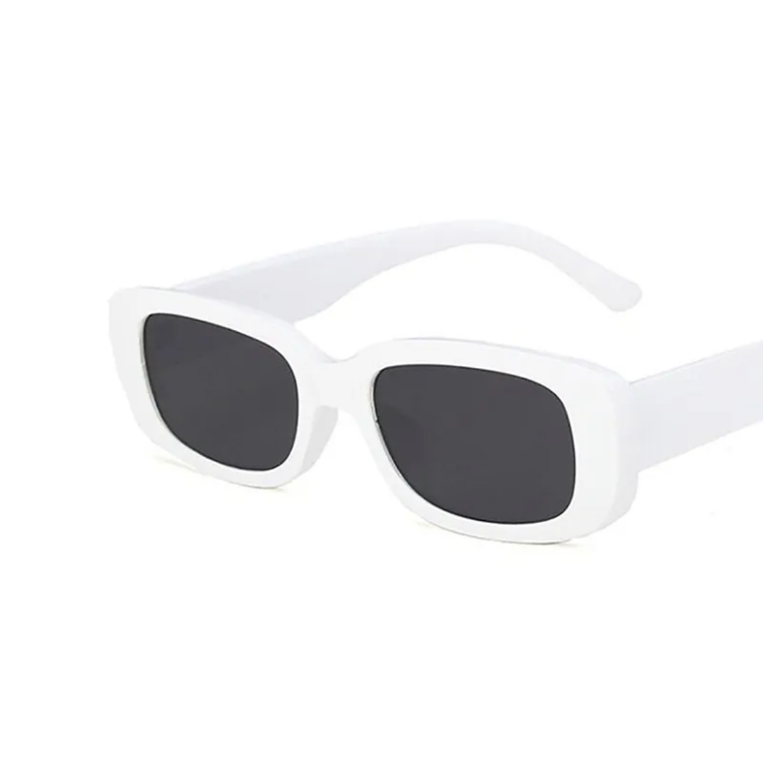 Weiße rechteckige Sonnenbrille, Unisex, UV-Schutz, modisches Accessoire, Kunststoffrahmen.