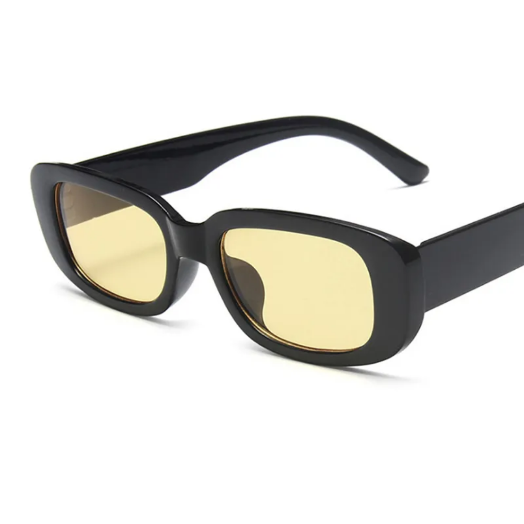 Schwarze Sonnenbrille mit gelben Gläsern, rechteckig, modisch, Unisex-Accessoire.