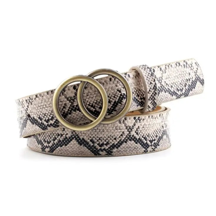 Schlangenledergürtel mit Doppelring-Schnalle, beige-schwarz, modisch, Damenaccessoire