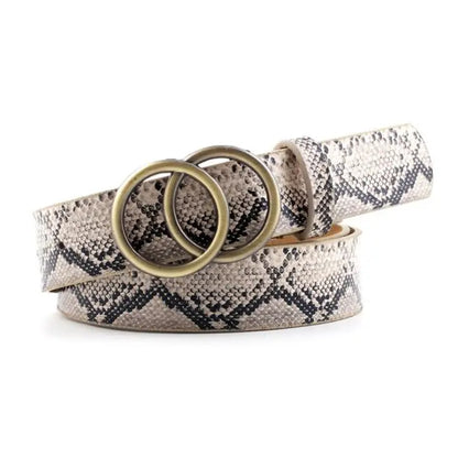 Schlangenledergürtel mit Doppelring-Schnalle, beige-schwarz, modisch, Damenaccessoire