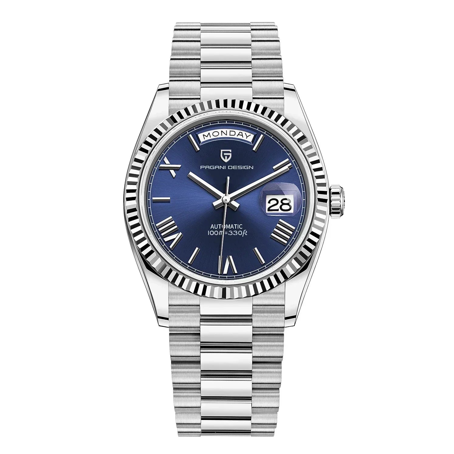 Silberne Automatikuhr mit blauem Zifferblatt, Edelstahlarmband, Datumsanzeige, Herrenuhr.