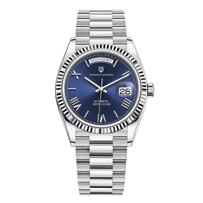 Silberne Automatikuhr mit blauem Zifferblatt, Edelstahlarmband, Datumsanzeige, Herrenuhr.