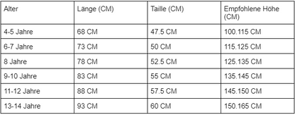 Größentabelle für Kinderkleidung, Altersgruppen 4-13 Jahre, Maße in cm.