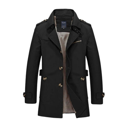Schwarzer Herren-Trenchcoat, zweireihig, klassisches Design, Herbstmode, eleganter Mantel.