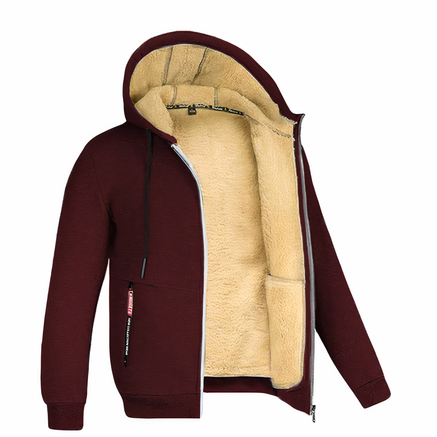 Bordeauxrote Herrenjacke mit Kapuze, Teddyfutter, Reißverschluss, warm, modisch.
