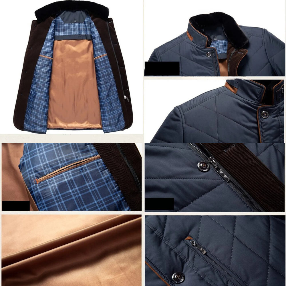 Dunkelblauer Herrenmantel mit kariertem Innenfutter, Stehkragen, Knopfleiste, elegantes Design.