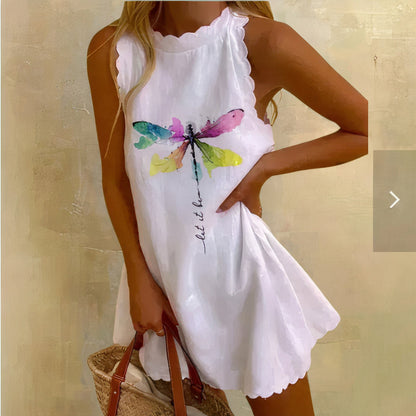 Weißes Sommerkleid mit buntem Libellenmotiv, ärmellos, aus Baumwolle, Damenmode.
