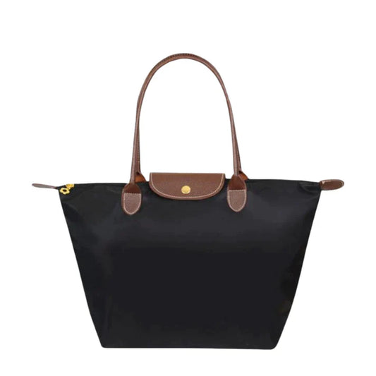 Schwarze Damenhandtasche mit braunen Ledergriffen und Klappe, elegantes Design.