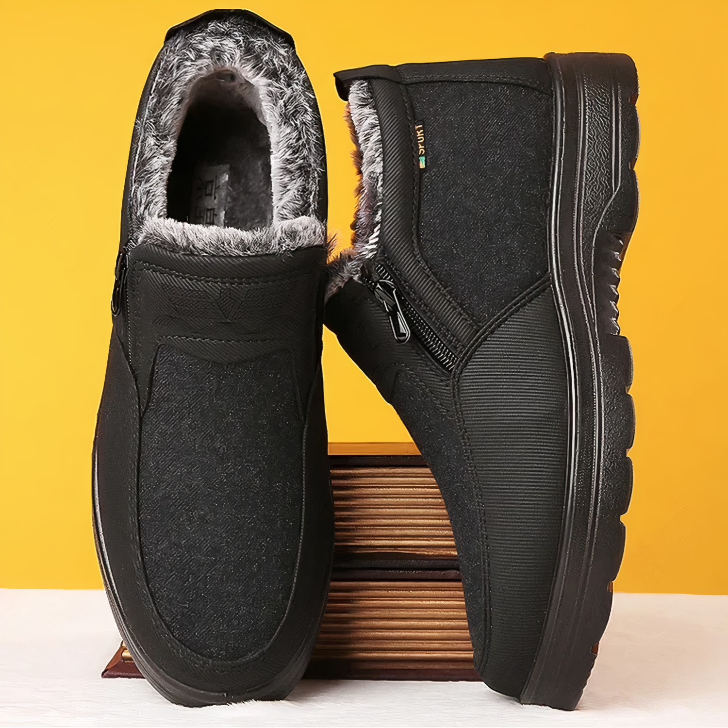 Schwarze Winterstiefel mit Kunstfellfutter, rutschfeste Sohle, warm, bequem, Herrenmode.