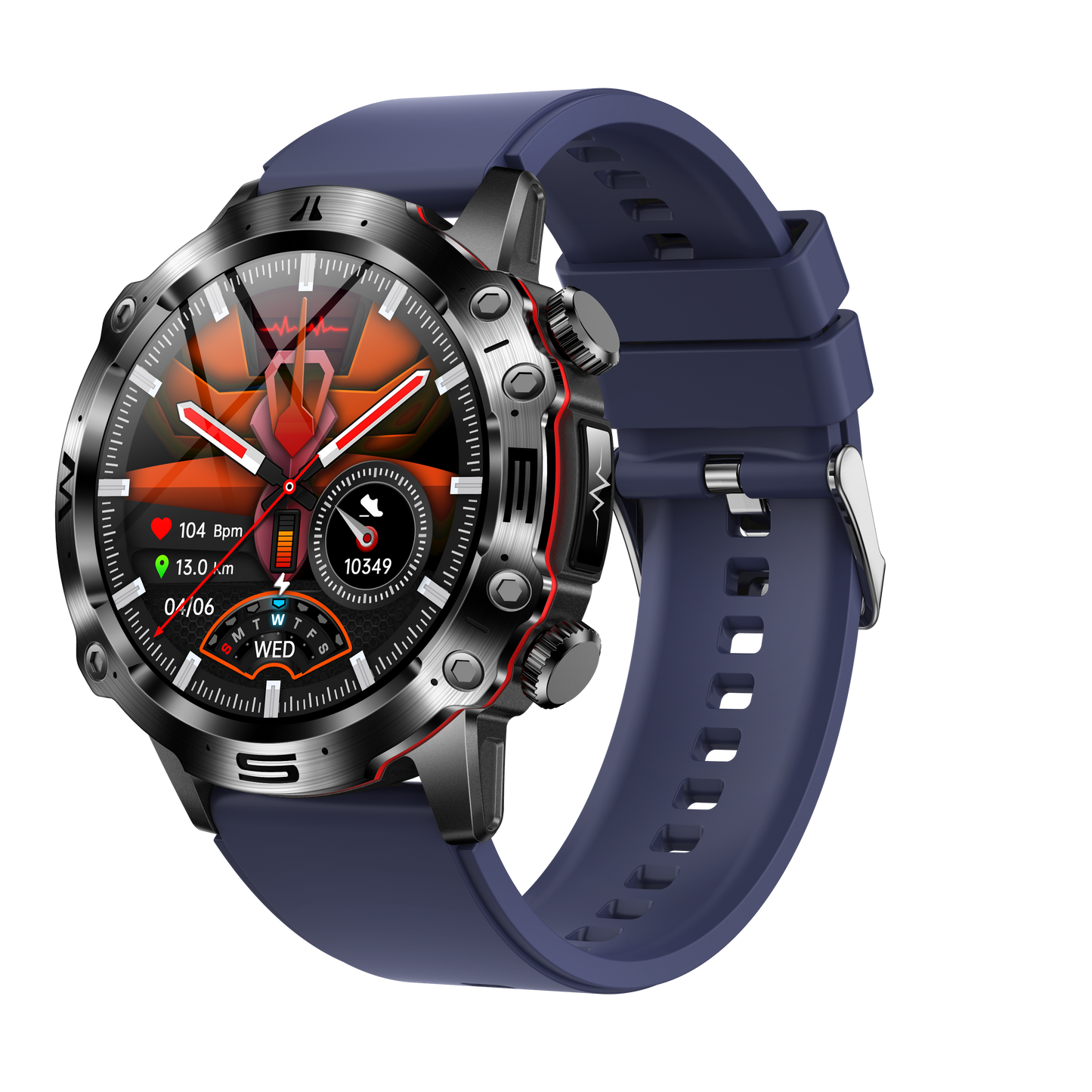 Smartwatch mit blauem Armband, Edelstahlgehäuse, Fitness-Tracker, Herzfrequenzanzeige.