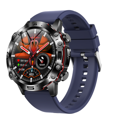 Smartwatch mit blauem Armband, Edelstahlgehäuse, Fitness-Tracker, Herzfrequenzanzeige.