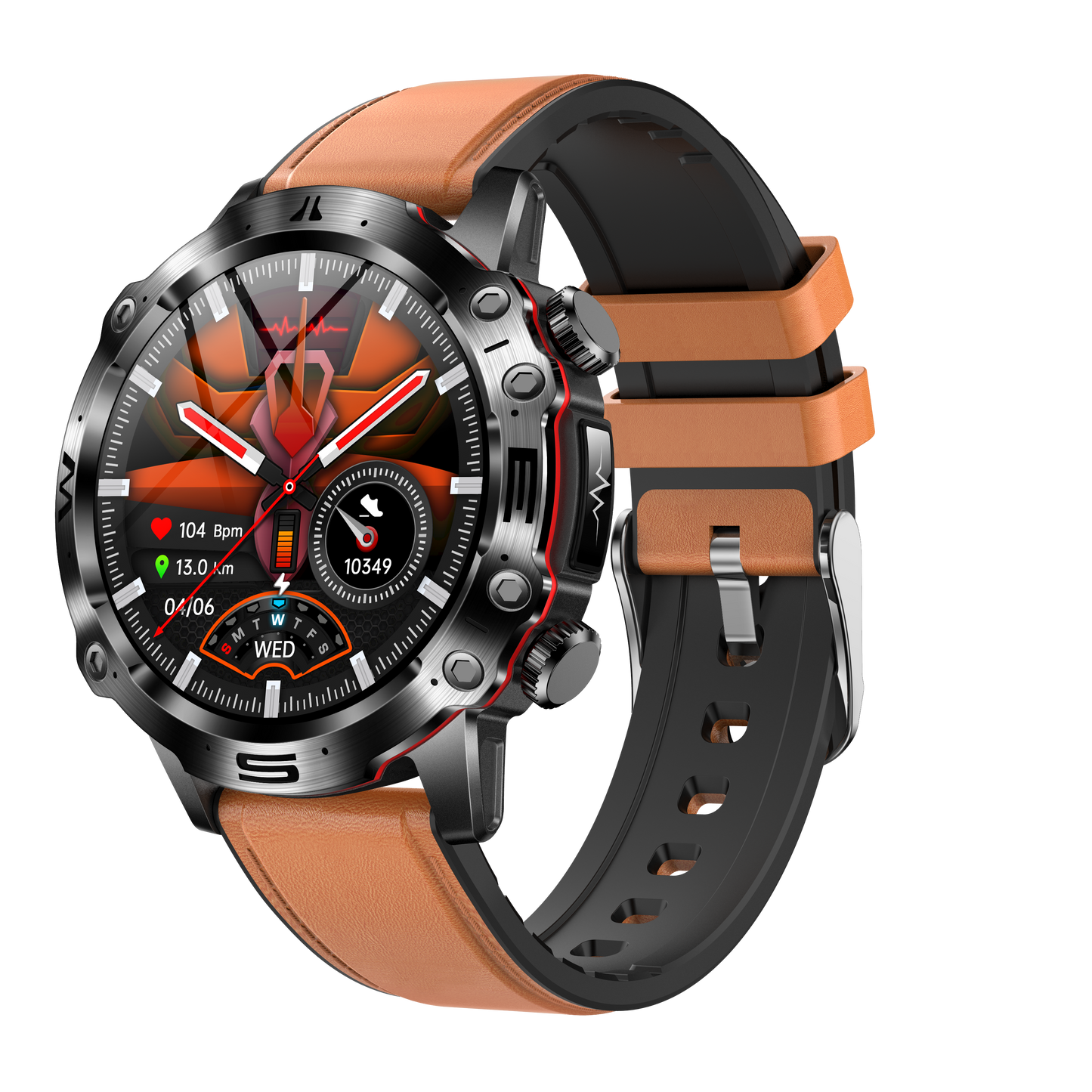 Smartwatch mit braunem Lederarmband, Edelstahlgehäuse, Fitness-Tracker, Herzfrequenzanzeige.