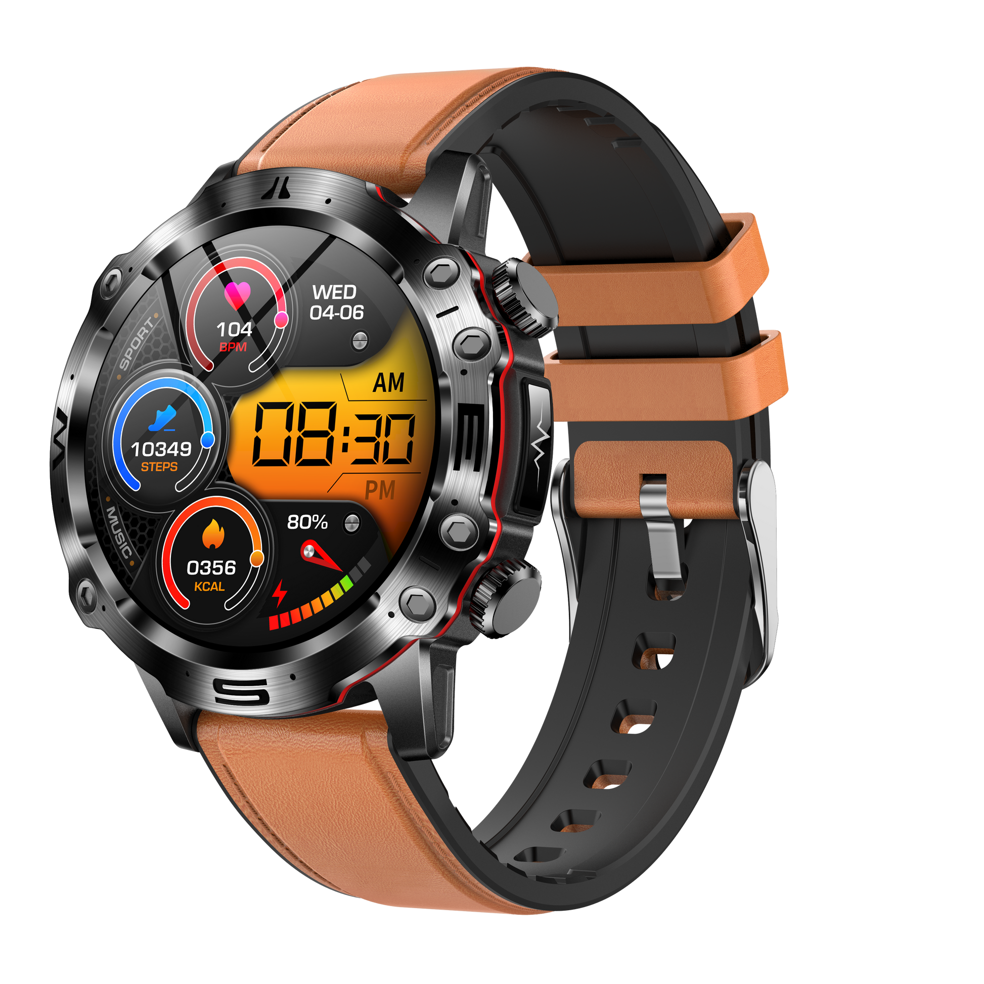 Smartwatch mit Lederarmband, Edelstahlgehäuse, Fitness-Tracker, Herzfrequenzmesser, schwarz-braun