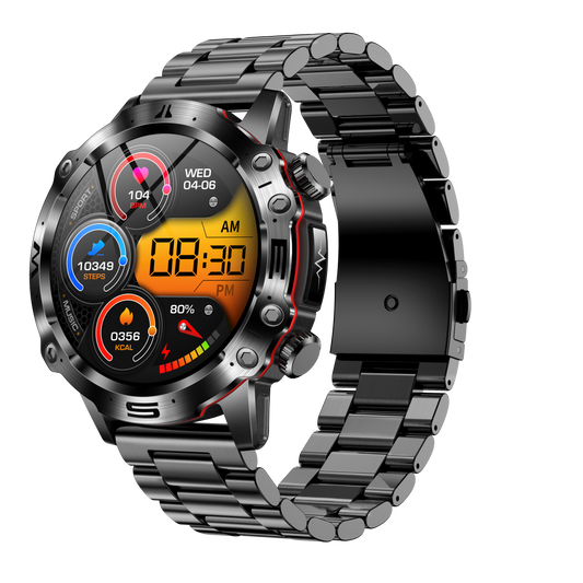 Schwarze Smartwatch mit Metallarmband, rundem Zifferblatt, Fitness-Tracking, digitalem Display.